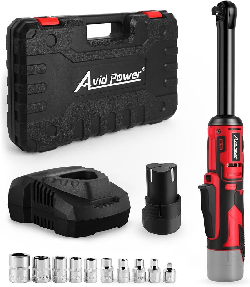 AVID POWER 3/8" Extended Cordless Electric Ratchet Wrench, 60N.m(44.2 Ft-lbs) 12V Power Ratchet Wrench Kit, Variable Speed Trigger, 10 Sockets & 2.0Ah Li-Ion Battery - Image 1